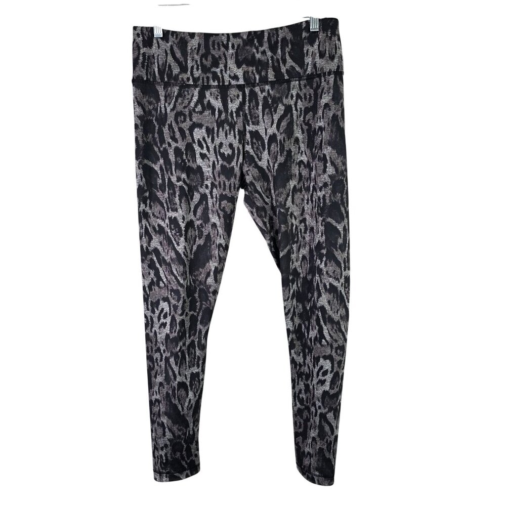 Womens Reversible Gray & Black Leopard Print Hi Waisted Yoga Leggings Size L
